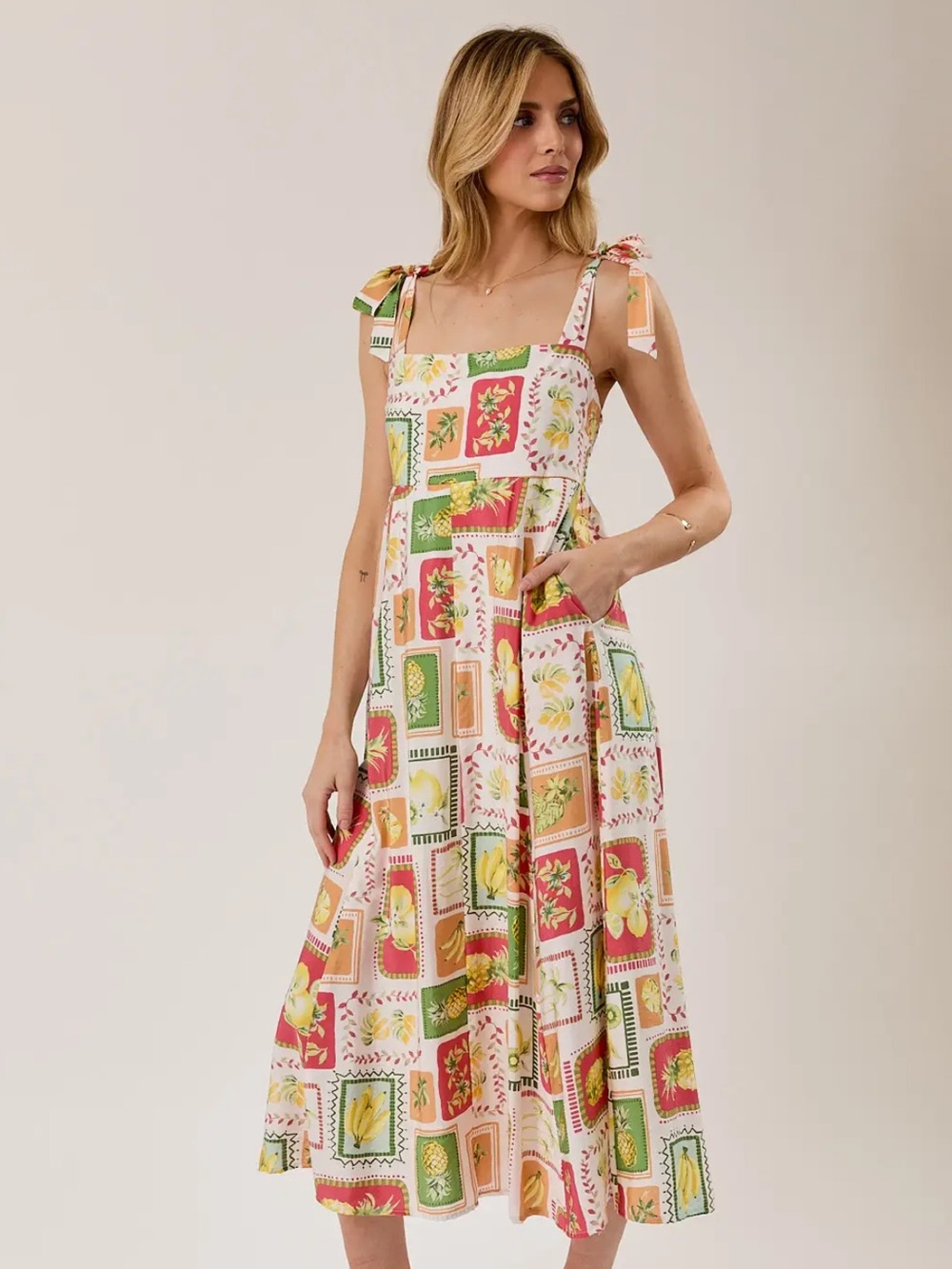 NWT- Boutique Gilli Brand Tie-Shoulder Midi Dress in Pink & Green Print